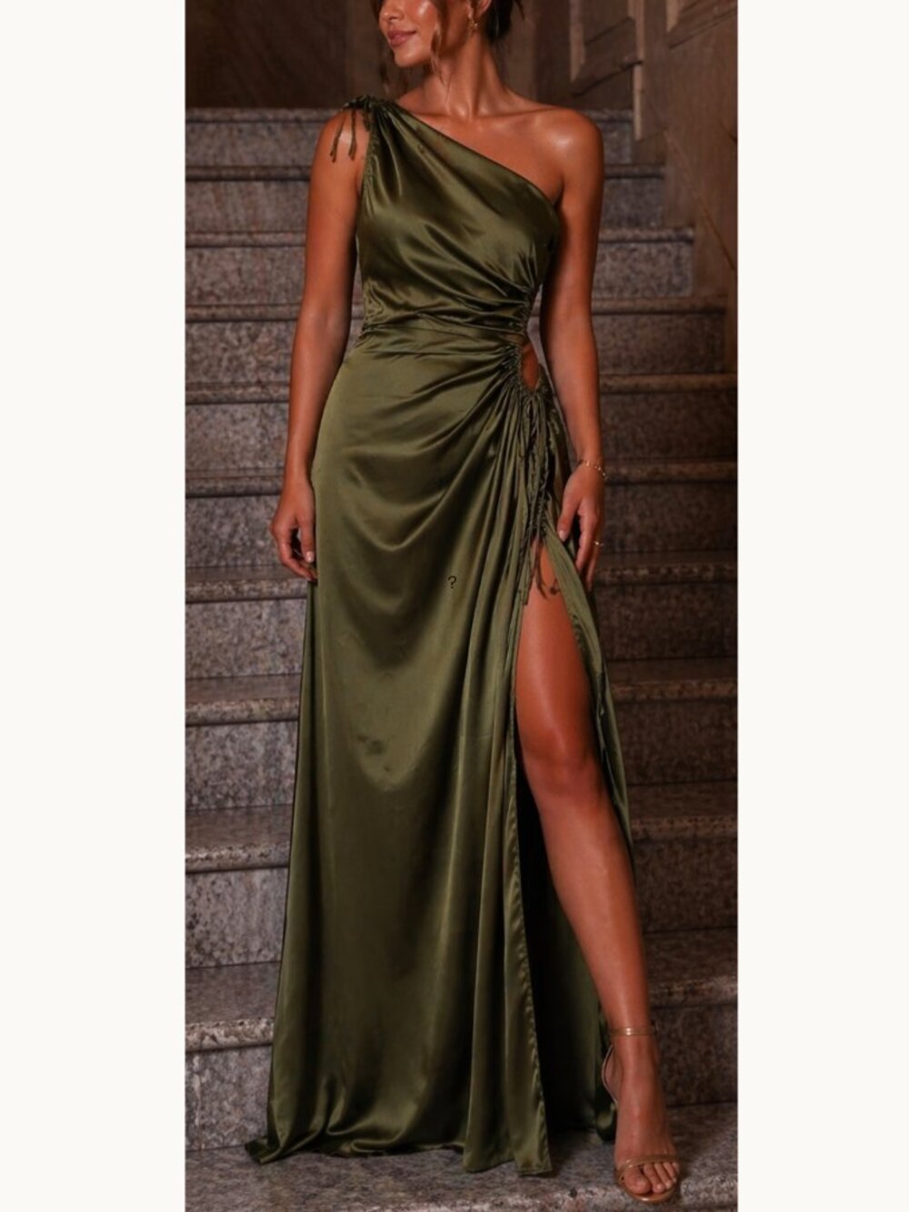 Olive Green Satin One Shoulder Maxi Prom Dress Ruched Slit NWT M PrettyGarden